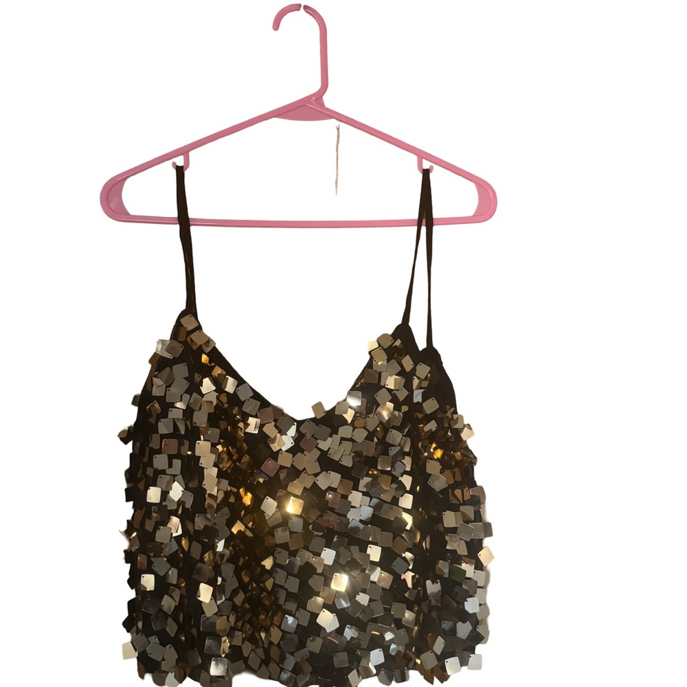 Charlotte Russe Black and Gold Sleeveless Sequin Crop Camisole
